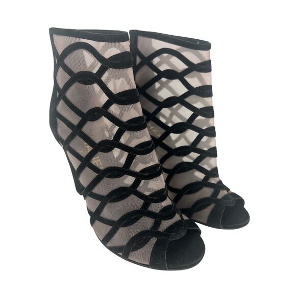 Chanel 2018 Black Suede Mesh Peep Toe CC Logo Ankle Boots - Picture 5 of 16